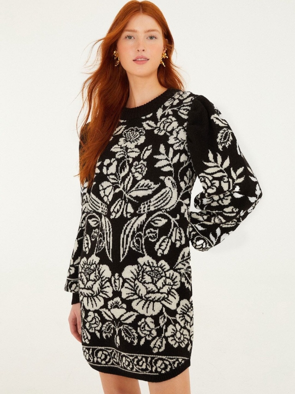 FARM Rio Black And White Cashew And Birds Knit Mini Dress